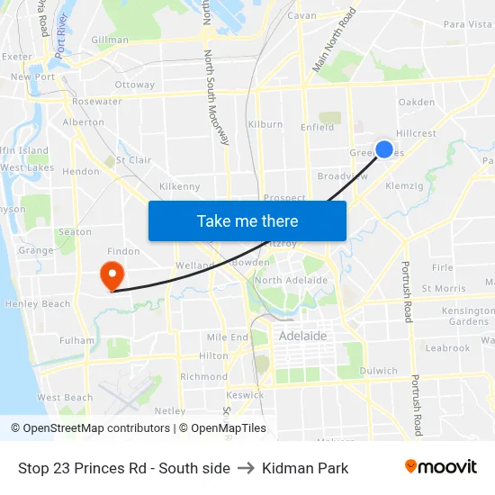 Stop 23 Princes Rd - South side to Kidman Park map