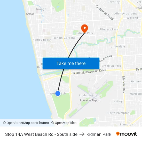Stop 14A West Beach Rd - South side to Kidman Park map