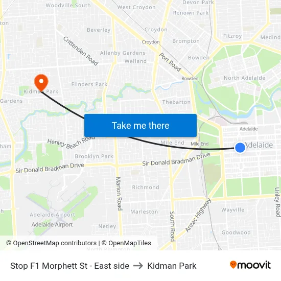 Stop F1 Morphett St - East side to Kidman Park map