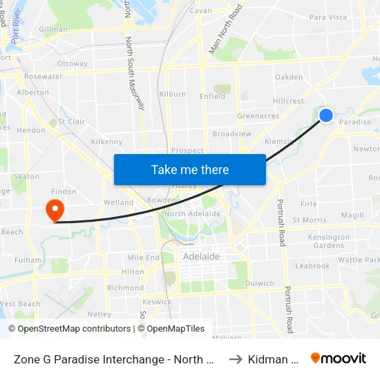 Paradise Interchange Terminus to Kidman Park map