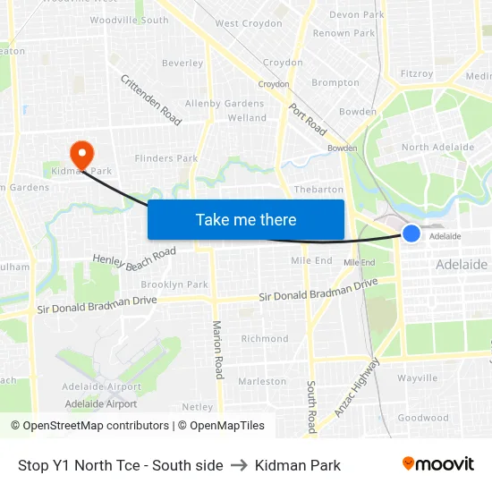 Stop Y1 North Tce - South side to Kidman Park map