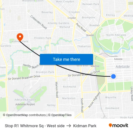 Stop R1 Whitmore Sq - West side to Kidman Park map