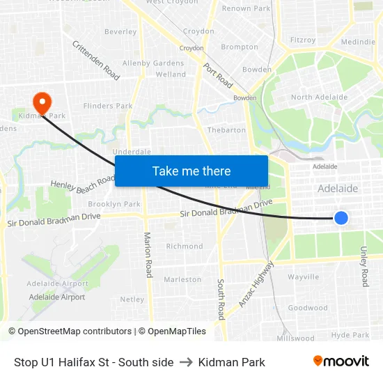 Stop U1 Halifax St - South side to Kidman Park map