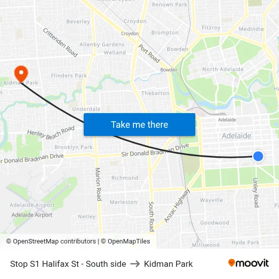 Stop S1 Halifax St - South side to Kidman Park map