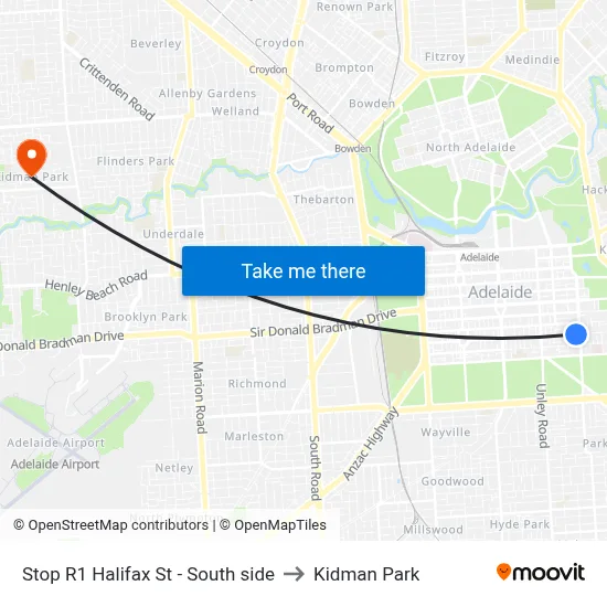 Stop R1 Halifax St - South side to Kidman Park map
