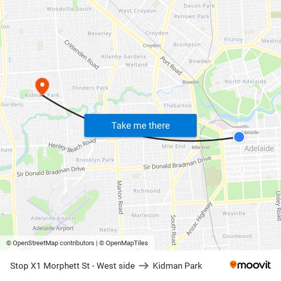 Stop X1 Morphett St - West side to Kidman Park map