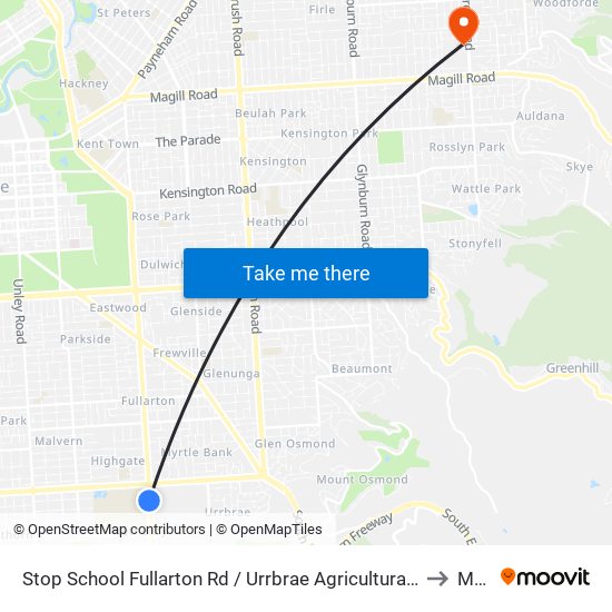 Stop School Fullarton Rd / Urrbrae Agricultural High School - West side to Magill map