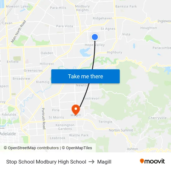 Stop School Modbury High School to Magill map