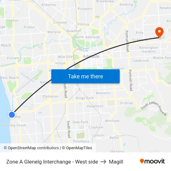 Zone A Glenelg Interchange - West side to Magill map