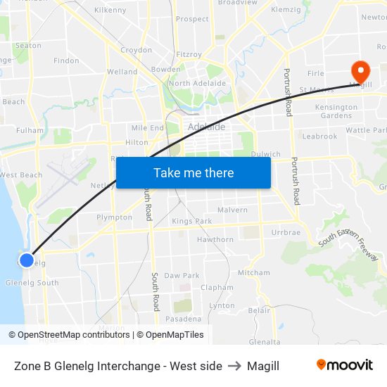 Zone B Glenelg Interchange - West side to Magill map