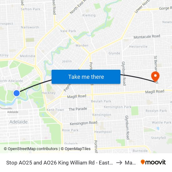 Stop AO25 and AO26 King William Rd - East side to Magill map
