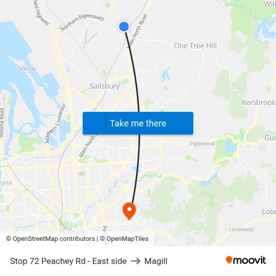 Stop 72 Peachey Rd - East side to Magill map