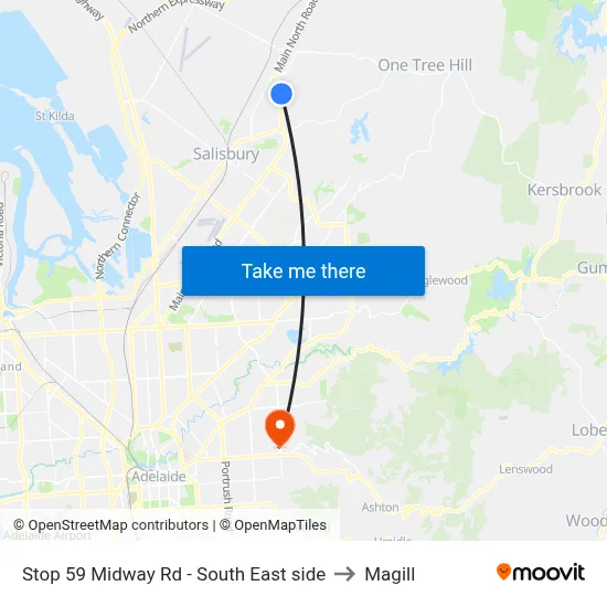 Stop 59 Midway Rd - South East side to Magill map