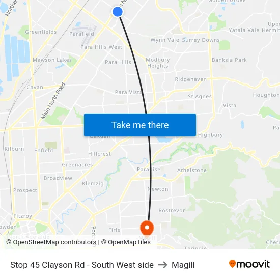 Stop 45 Clayson Rd - South West side to Magill map