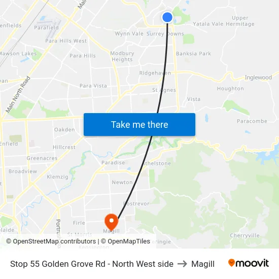 Stop 55 Golden Grove Rd - North West side to Magill map