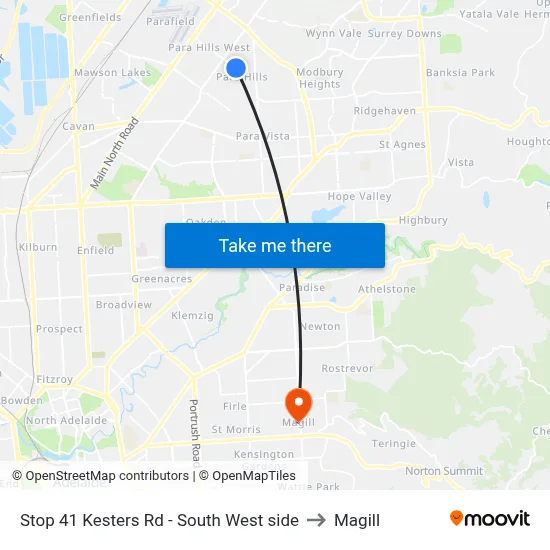 Stop 41 Kesters Rd - South West side to Magill map