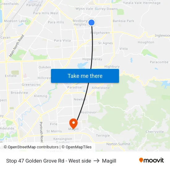 Stop 47 Golden Grove Rd - West side to Magill map