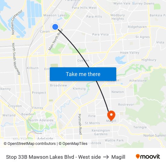 Stop 33B Mawson Lakes Blvd - West side to Magill map