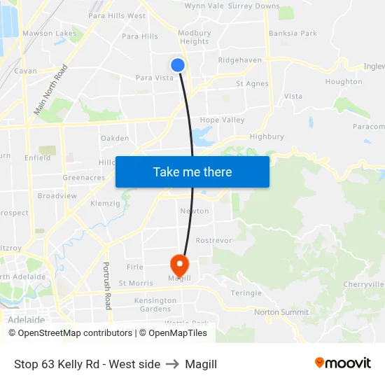 Stop 63 Kelly Rd - West side to Magill map