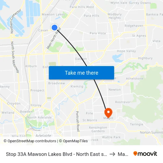Stop 33A Mawson Lakes Blvd - North East side to Magill map