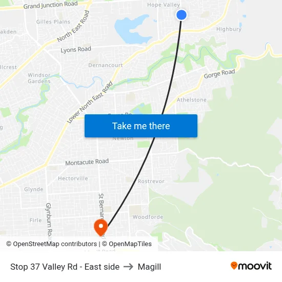 Stop 37 Valley Rd - East side to Magill map