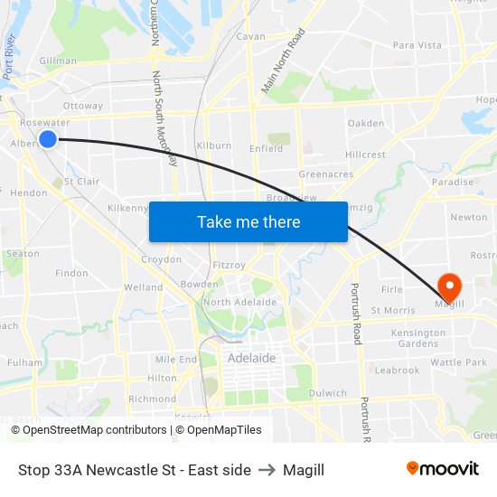 Stop 33A Newcastle St - East side to Magill map