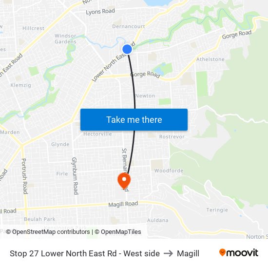 Stop 27 Lower North East Rd - West side to Magill map