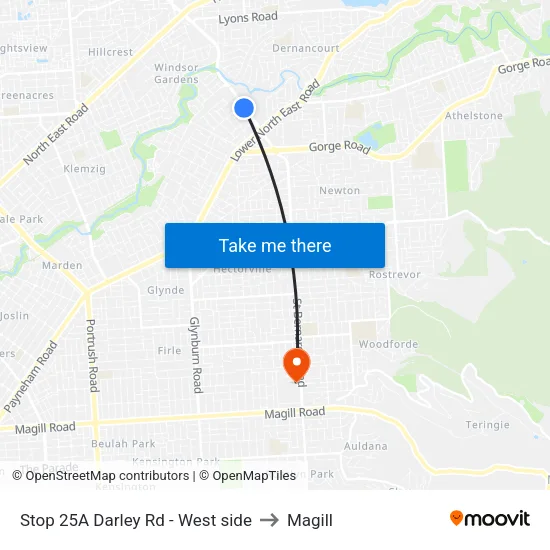 Stop 25A Darley Rd - West side to Magill map