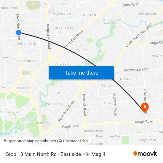 Stop 18 Main North Rd - East side to Magill map