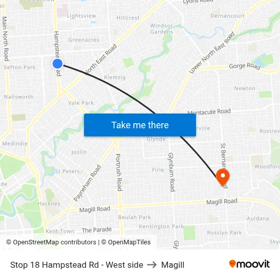 Stop 18 Hampstead Rd - West side to Magill map