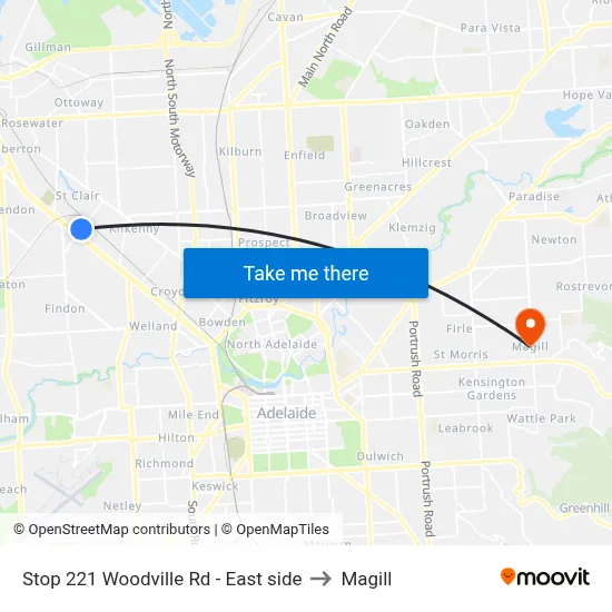 Stop 221 Woodville Rd - East side to Magill map