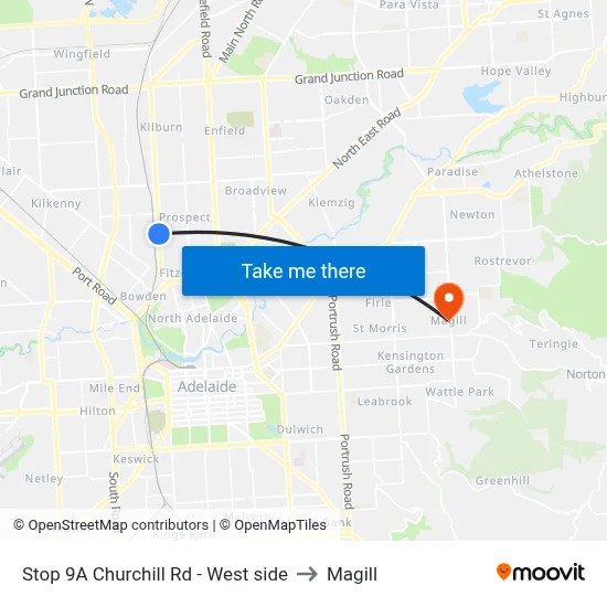 Stop 9A Churchill Rd - West side to Magill map