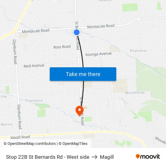 Stop 22B St Bernards Rd - West side to Magill map