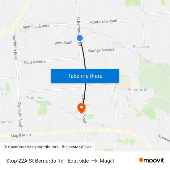 Stop 22A St Bernards Rd - East side to Magill map