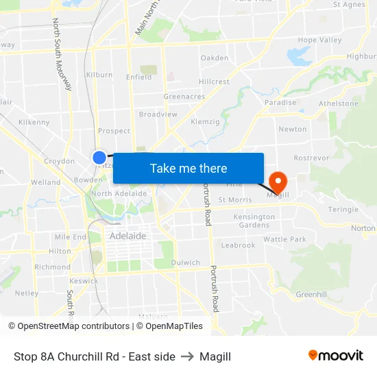 Stop 8A Churchill Rd - East side to Magill map