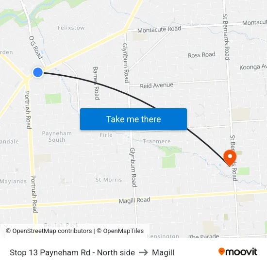 Stop 13 Payneham Rd - North side to Magill map