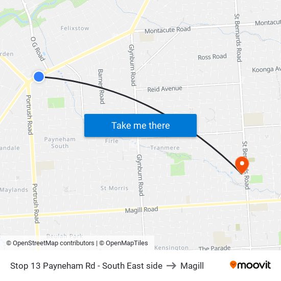 Stop 13 Payneham Rd - South East side to Magill map