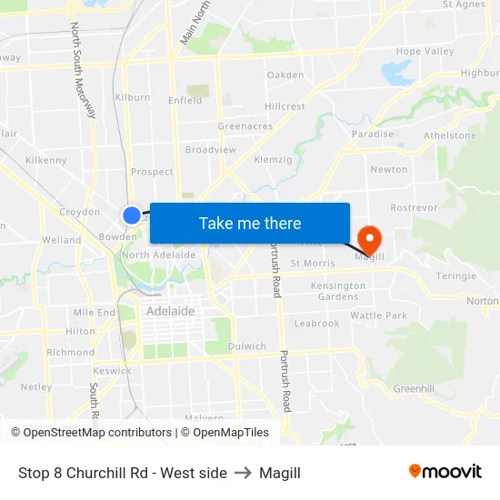 Stop 8 Churchill Rd - West side to Magill map
