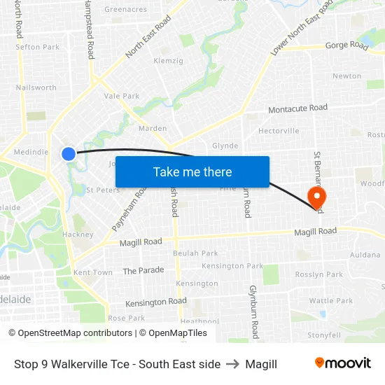 Stop 9 Walkerville Tce - South East side to Magill map