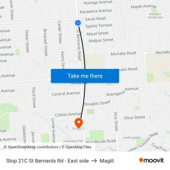 Stop 21C St Bernards Rd - East side to Magill map
