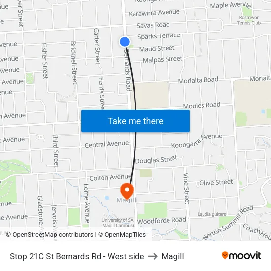 Stop 21C St Bernards Rd - West side to Magill map