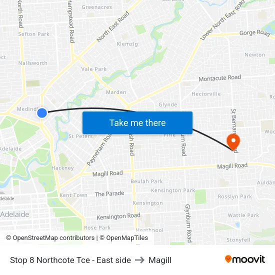 Stop 8 Northcote Tce - East side to Magill map