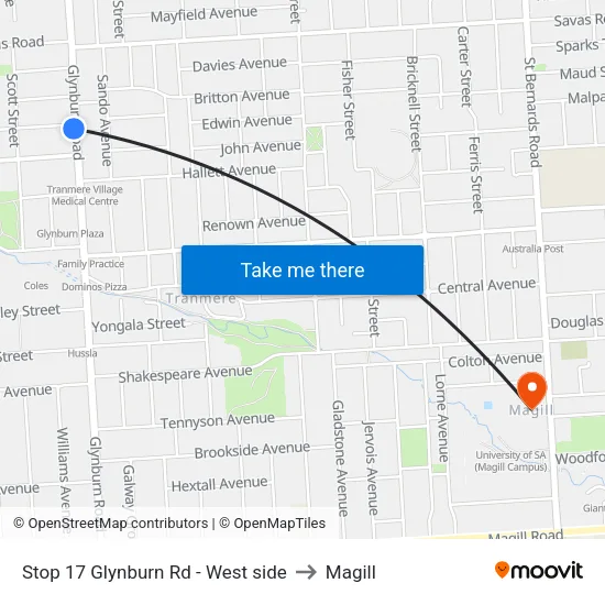Stop 17 Glynburn Rd - West side to Magill map