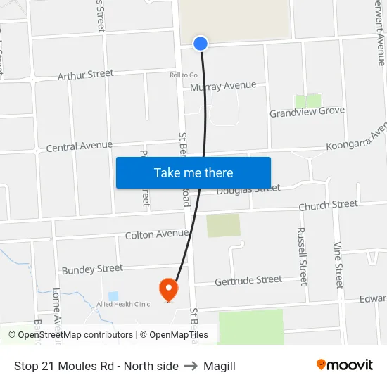 Stop 21 Moules Rd - North side to Magill map