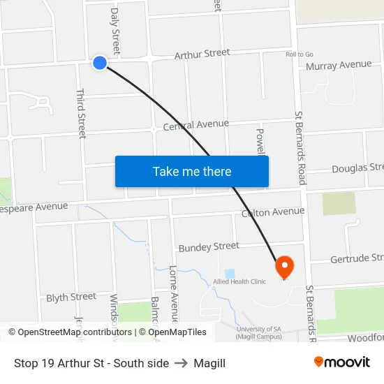 Stop 19 Arthur St - South side to Magill map