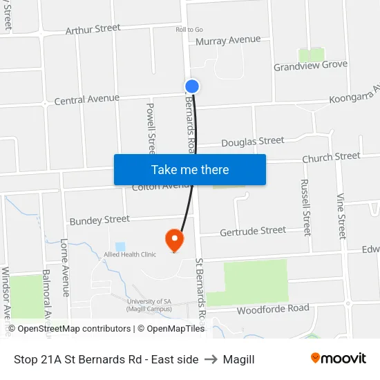 Stop 21A St Bernards Rd - East side to Magill map