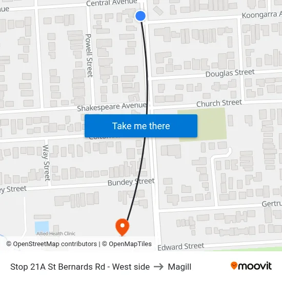 Stop 21A St Bernards Rd - West side to Magill map