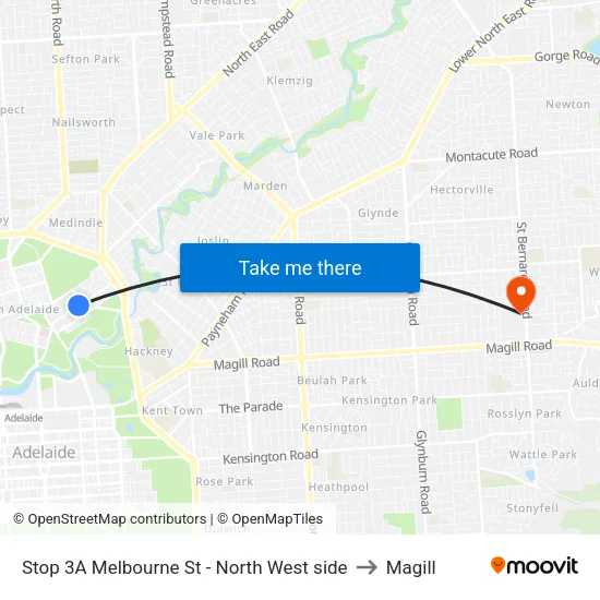Stop 3A Melbourne St - North West side to Magill map