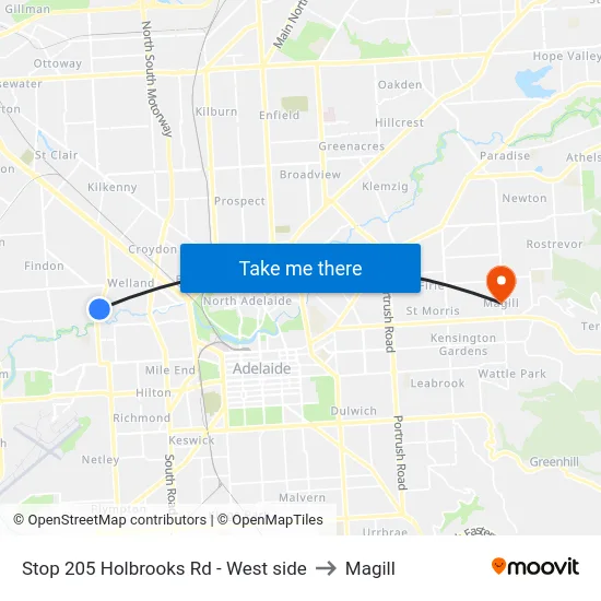 Stop 205 Holbrooks Rd - West side to Magill map