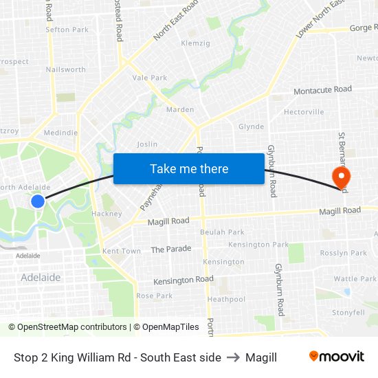 Stop 2 King William Rd - South East side to Magill map